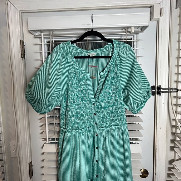 Sundance NWOT Teal Striped Maxi Dress XL Short Sleeve Cottagecore Milkmaid - Picture 3 of 11
